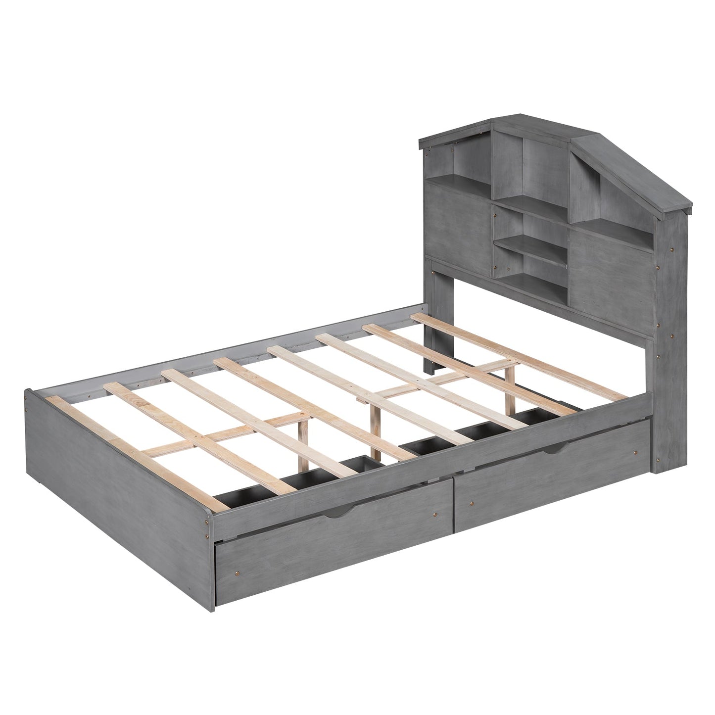 Full Size Wood Platform Bed with Storage Headboard - Gray