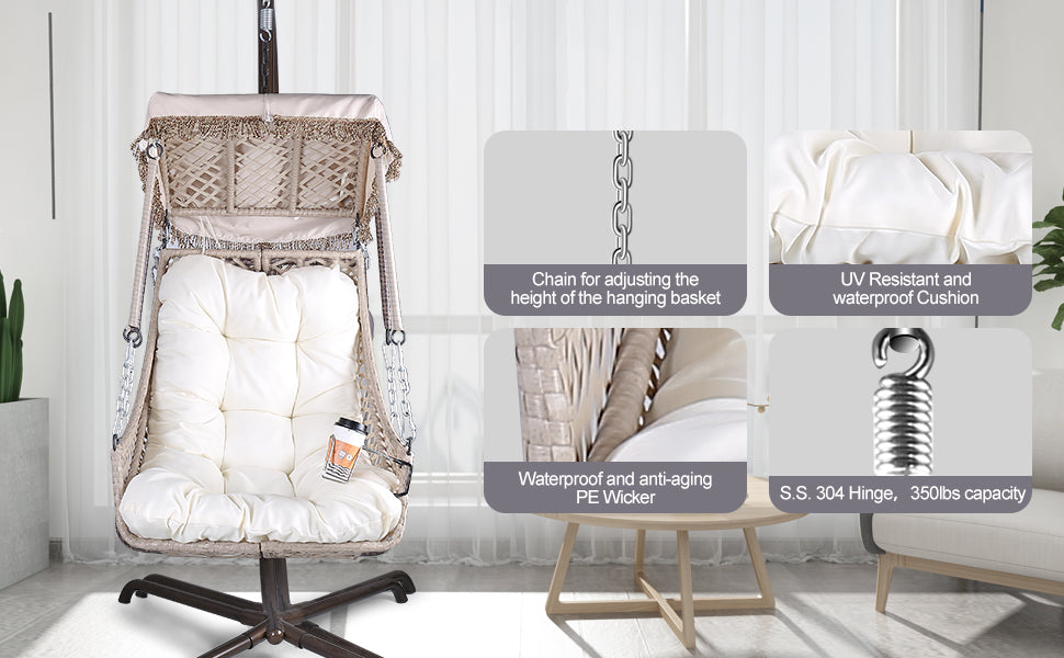 Swing Egg Chair with Stand Indoor Outdoor Wicker Rattan Frame 350lbs Capacity Hammock Chair for Patio Bedroom with Sunshade Clot - Korvel