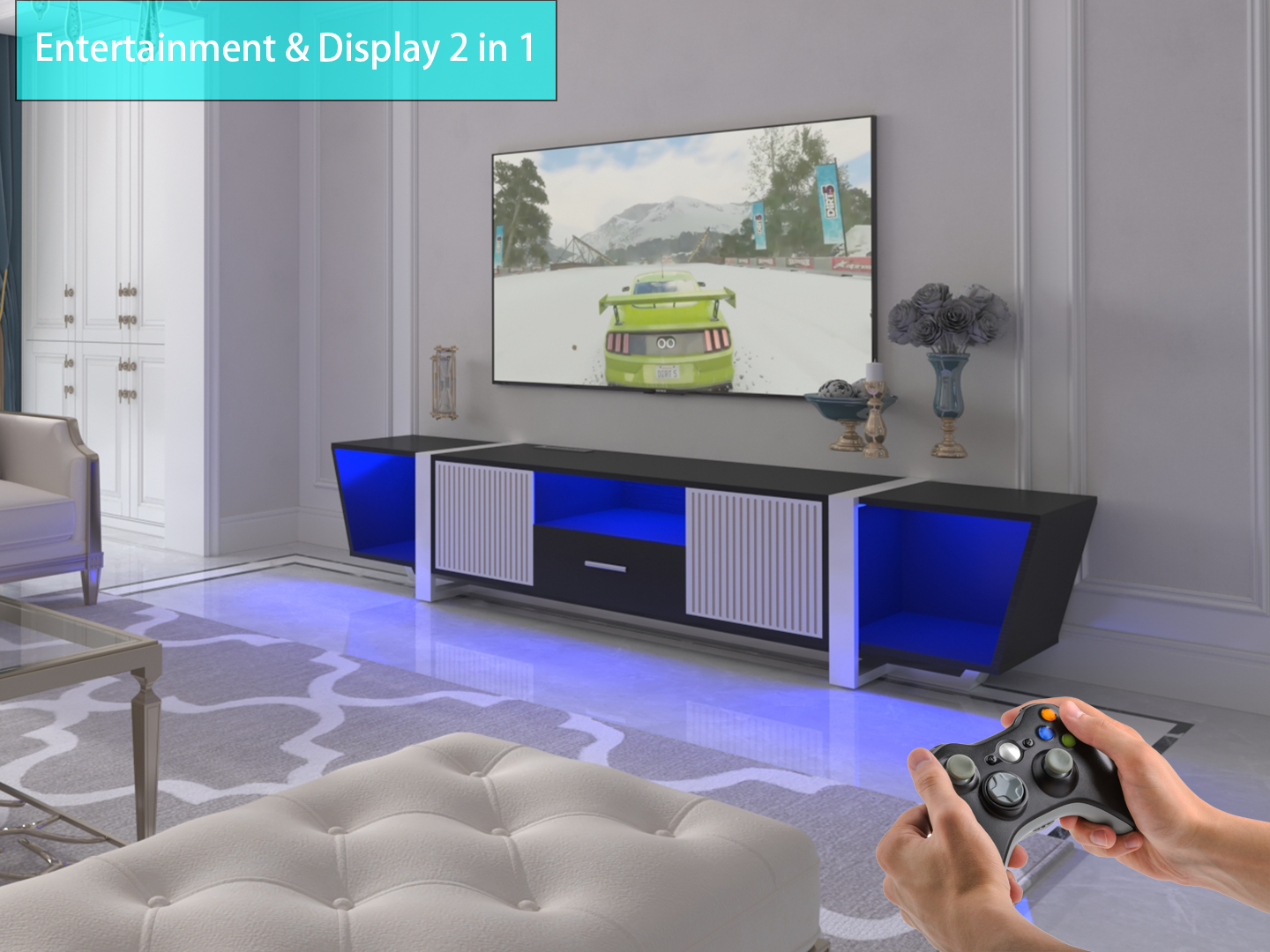 Console TV noire moderne avec rangement et éclairage LED