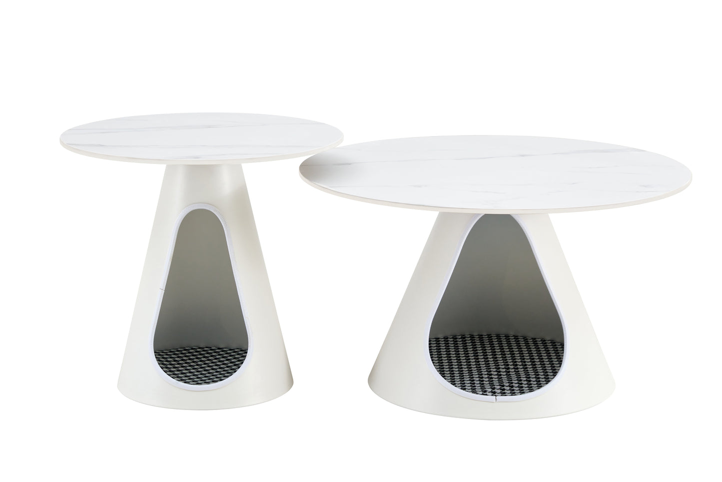 set of 2 coffee round tables with a marble-look top and steel base with 2 cat beds multifunctional and stylish entable - Korvel