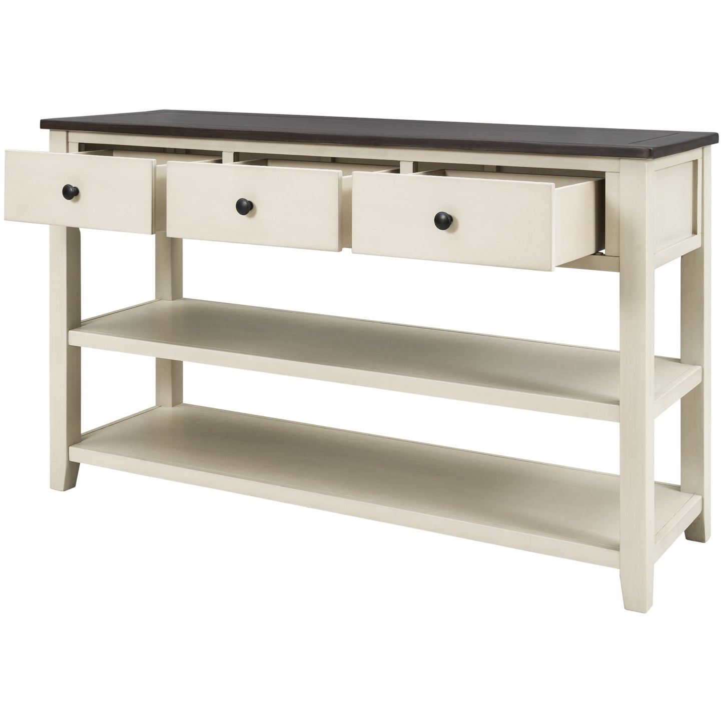 Table Console Rétro avec Étagères Ouvertes - Espresso et Beige