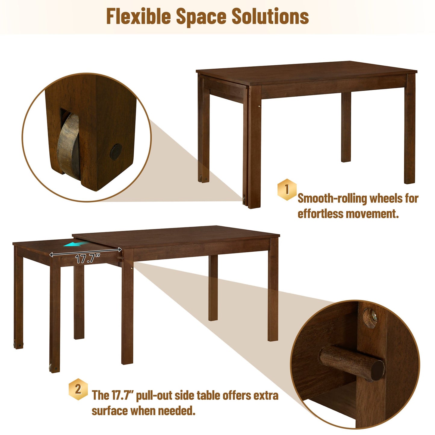 TOPMAX 65 "5-piece set with wheels and expandable dining table set 17.7" pull-out side table and small dining chair Brown - Korvel