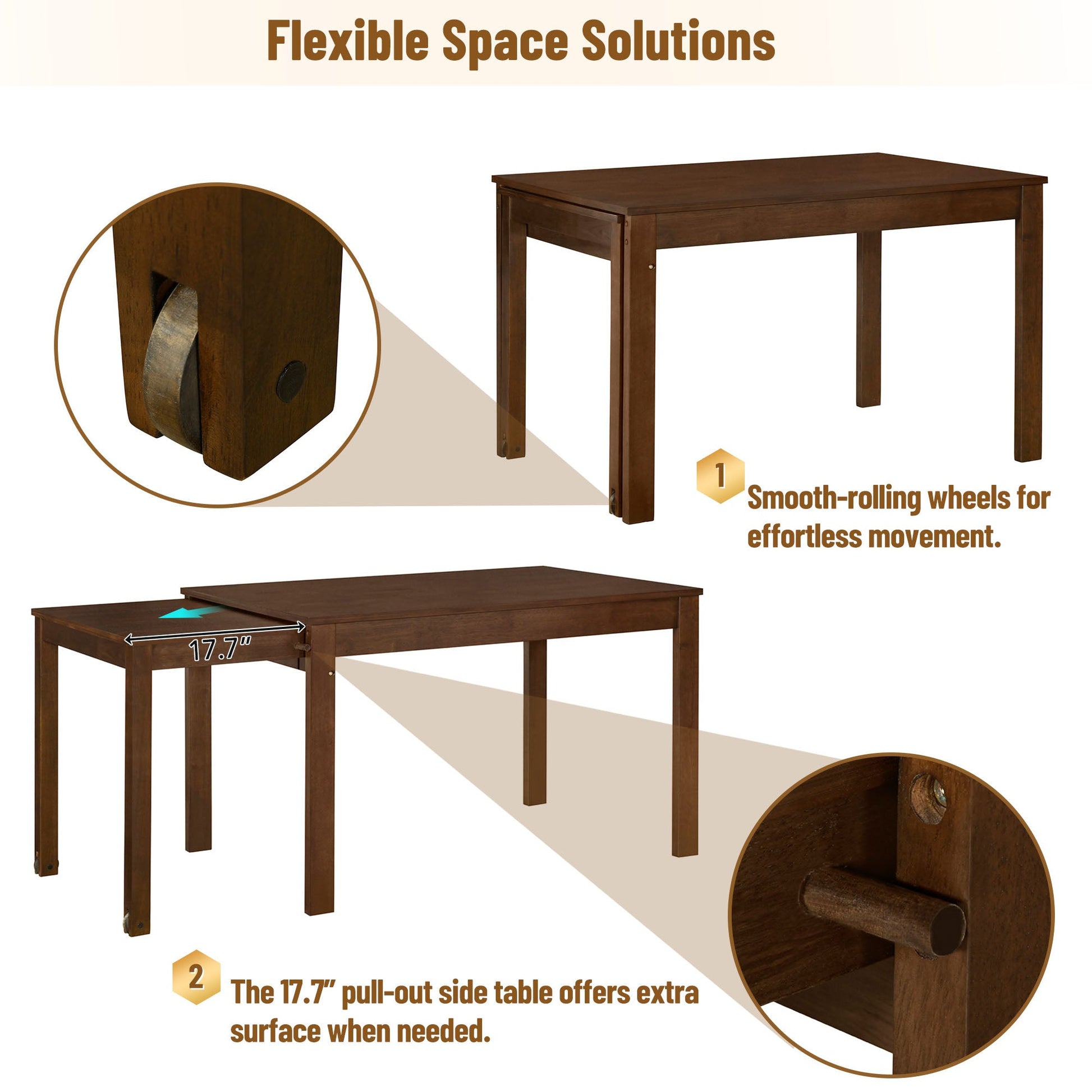TOPMAX 65 "5-piece set with wheels and expandable dining table set 17.7" pull-out side table and small dining chair Brown - Korvel