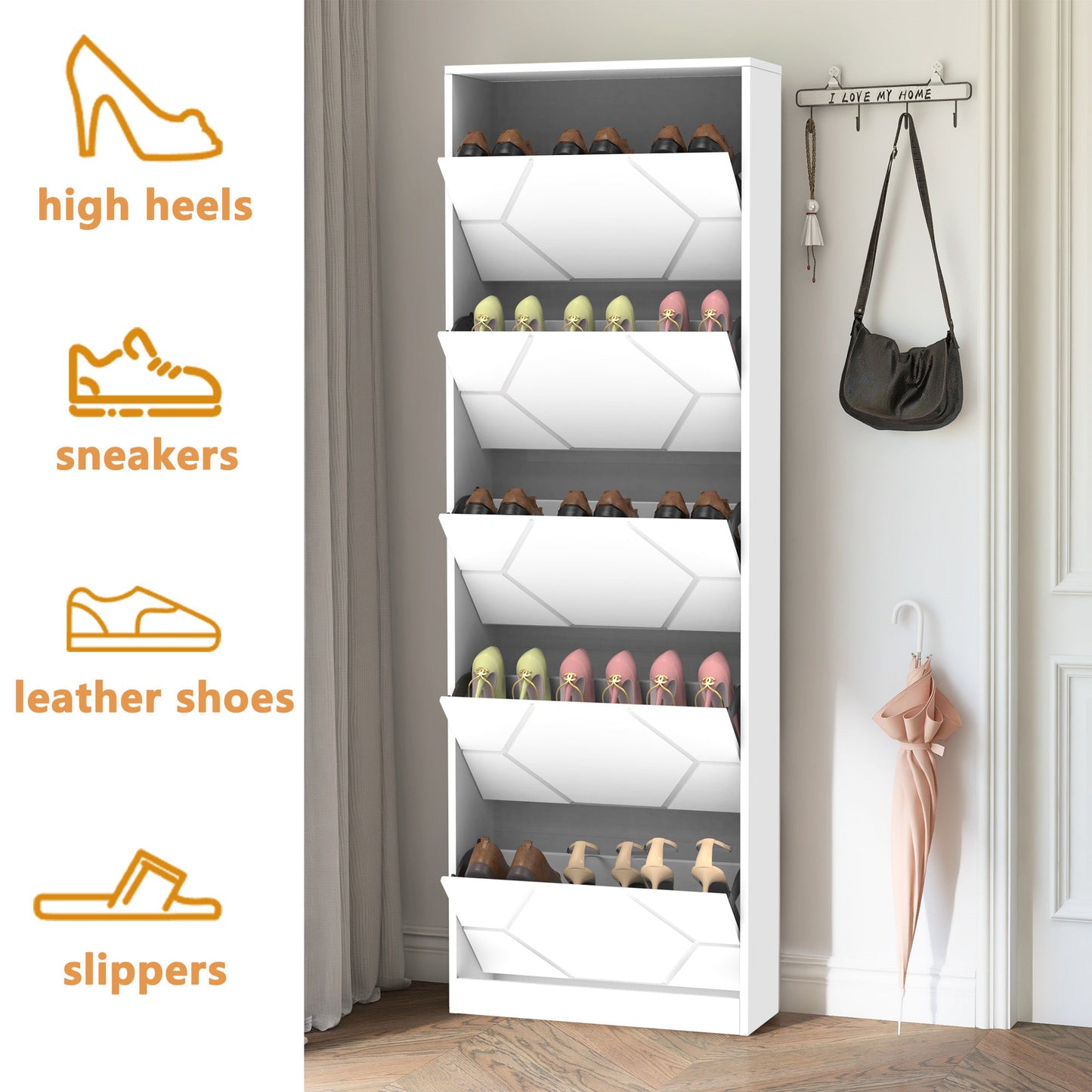 Shoe Storage Cabinet for Entryway, 5 Tiers Shoe Organizer with Carved Panels, Carving Shoe Closet,Vertical Shoe Cabinet - Korvel