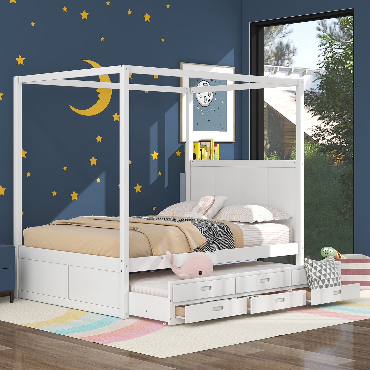 Elegant Queen Size Canopy Platform Bed with Trundle & Storage