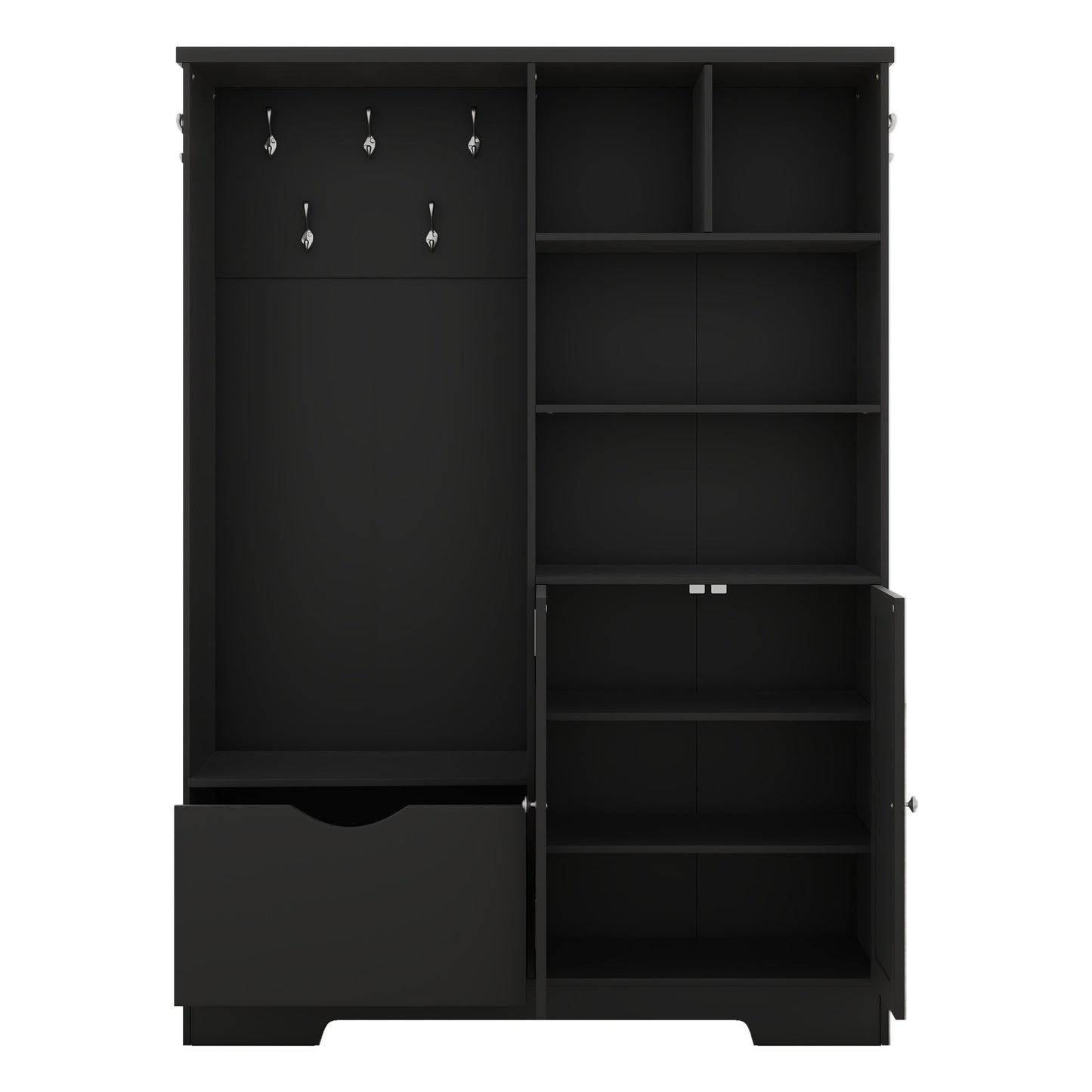 Multi-functional Hall Tree with Storage Shelves Drawers and Cabinet, Elegant Hallway Shoe Cabinet with Bench Modern Black - Korvel