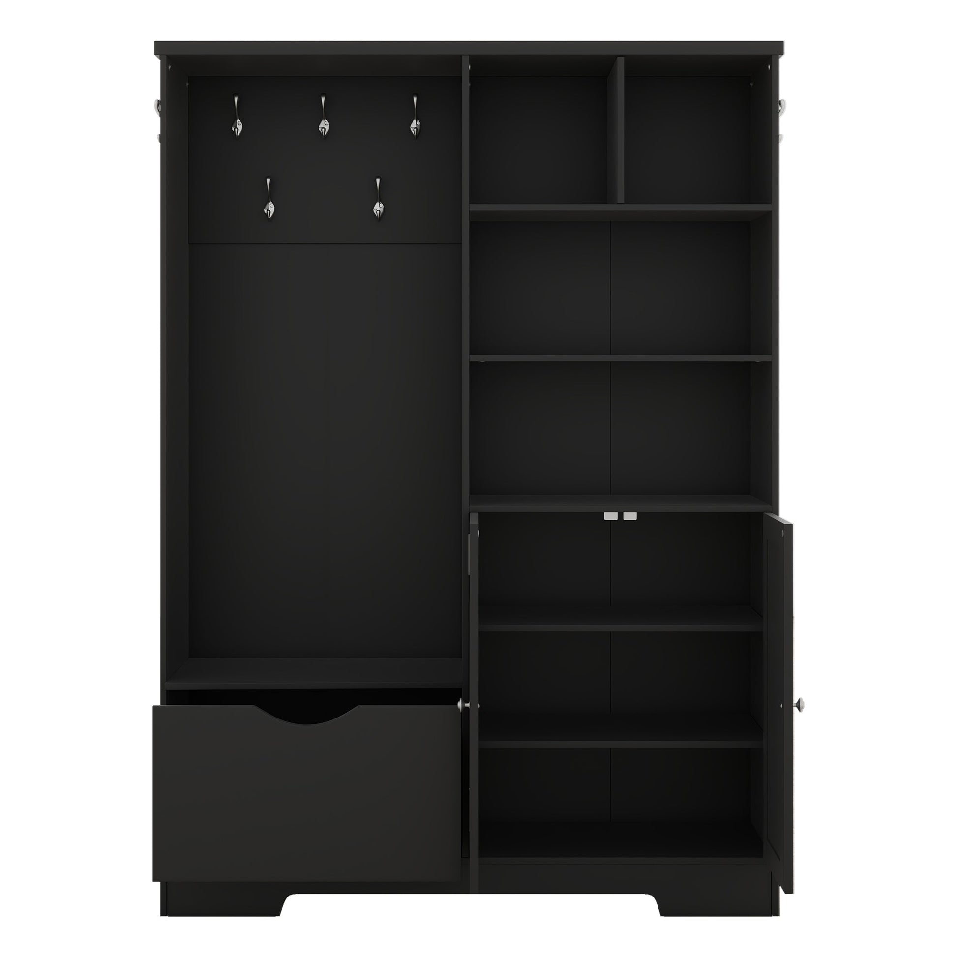 Multi-functional Hall Tree with Storage Shelves Drawers and Cabinet, Elegant Hallway Shoe Cabinet with Bench Modern Black - Korvel