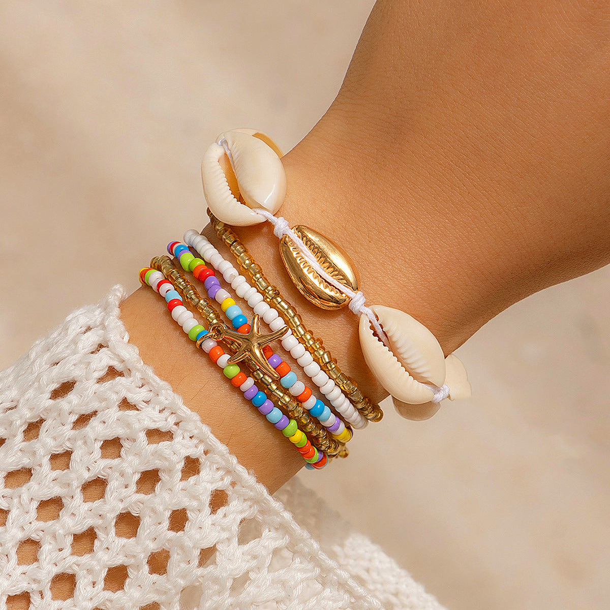 Bohemian vacation style shell rice bead bracelet Bracelet beach starfish bead set for women - Korvel