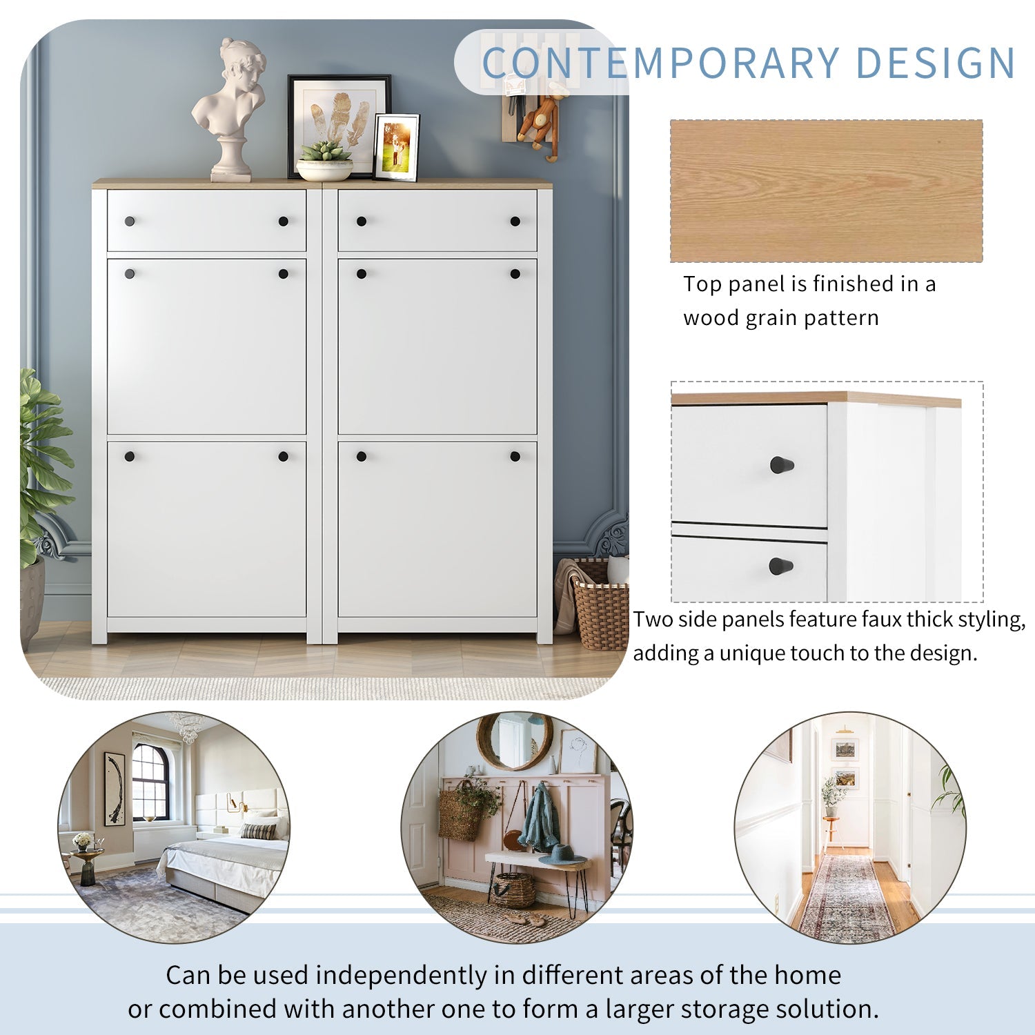 ONTREND ultra-thin shoe cabinet set with 4 flip drawers and adjustable panel top shoe rack, white - Korvel