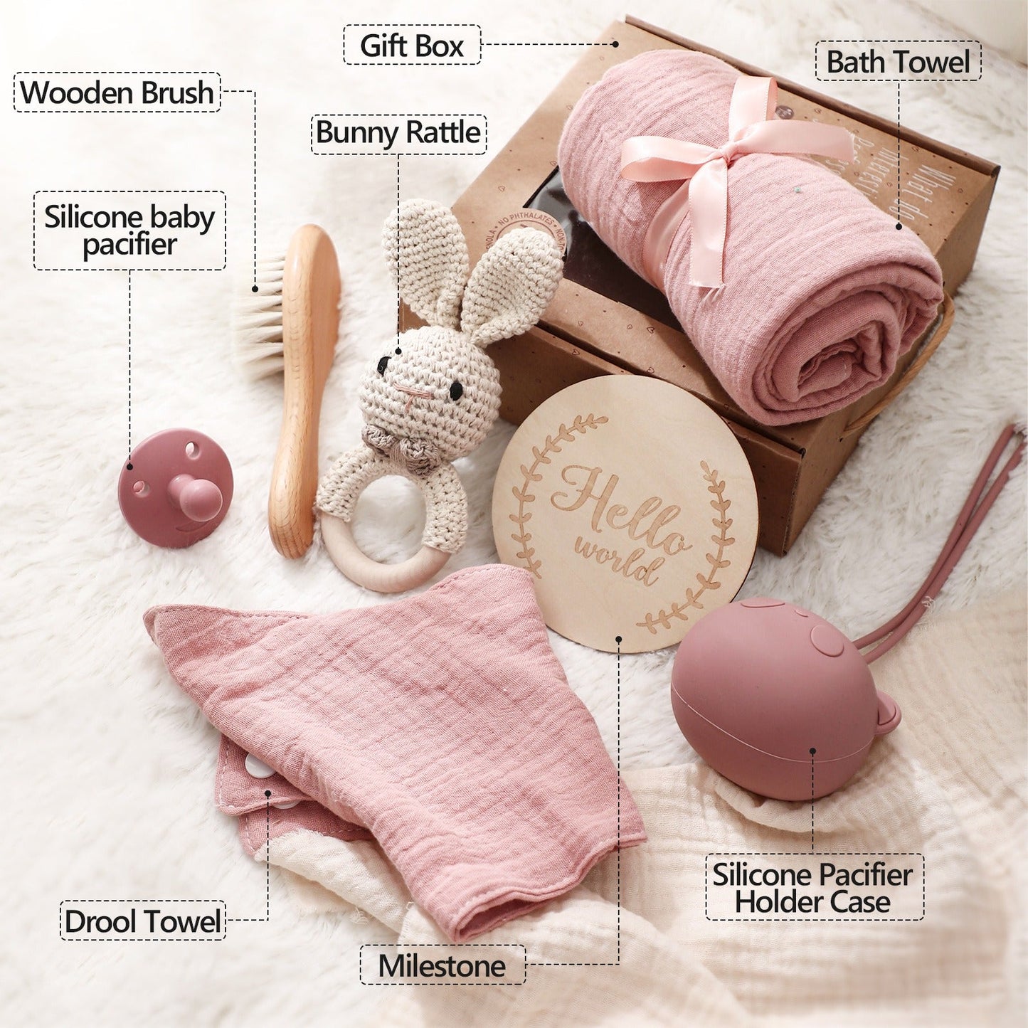 Full moon birth with hand gift, bath towel, wool brush, baby shower mouth, water towel, pacifier set - Korvel