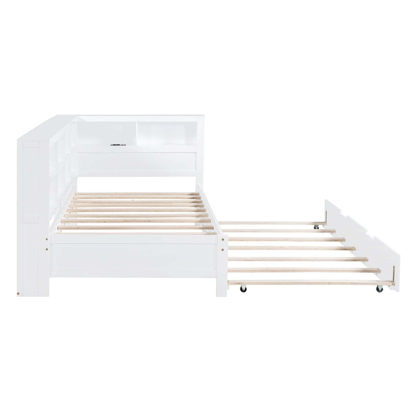 Wooden Twin Size DayBed with Twin Trundle, DayBed with Storage Shelf and USB Charging Ports,White - Korvel