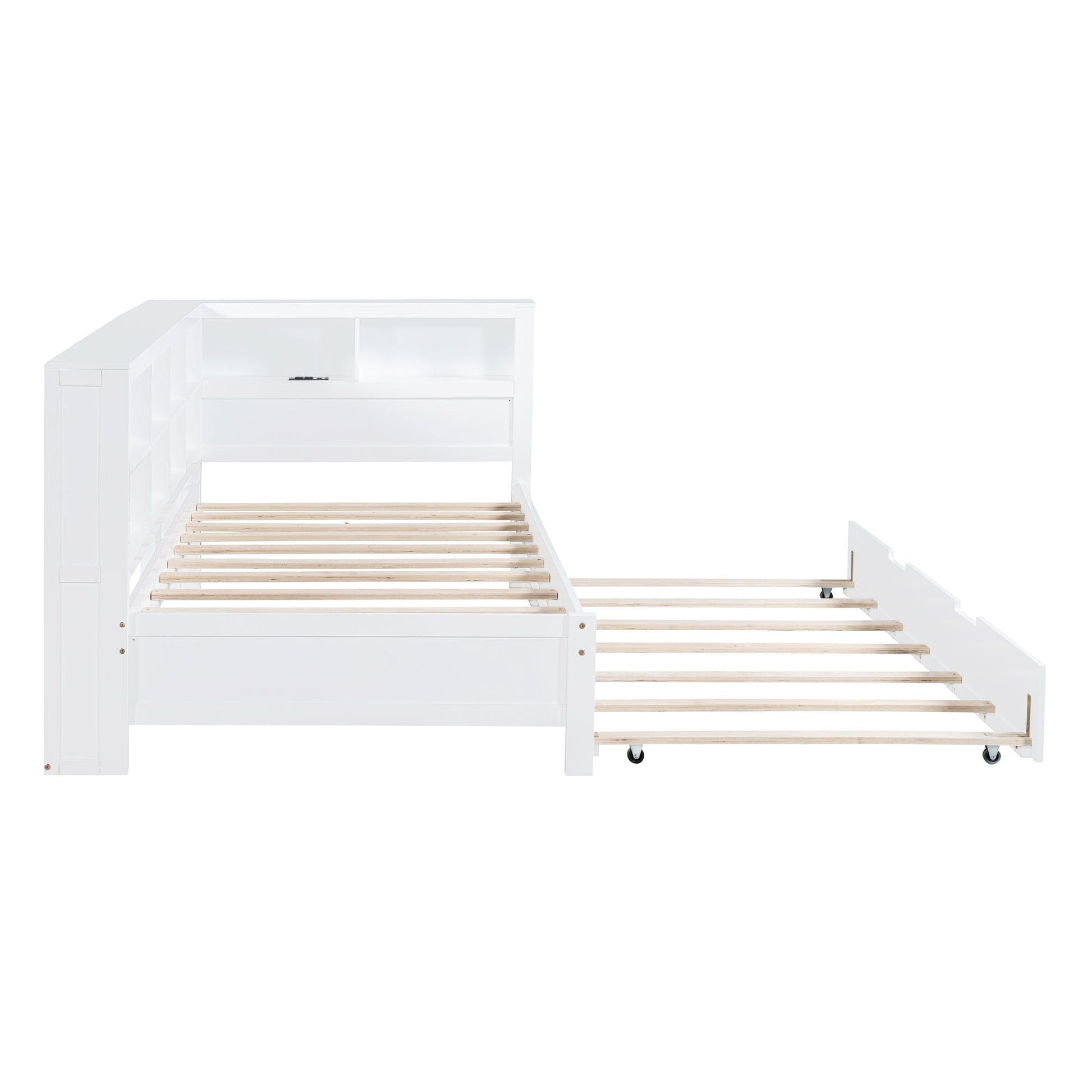 Wooden Twin Size DayBed with Twin Trundle, DayBed with Storage Shelf and USB Charging Ports,White - Korvel