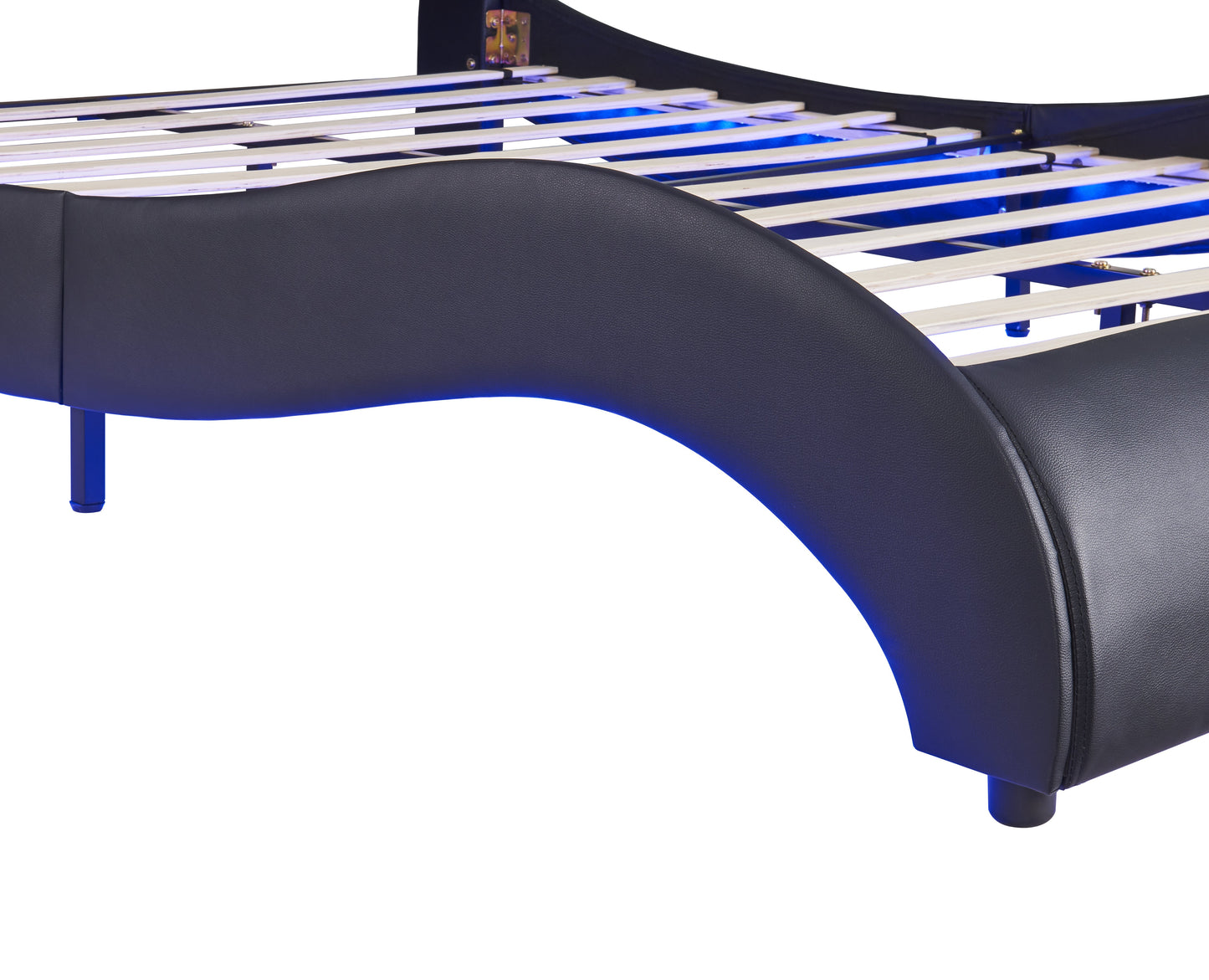 Queen Size Upholstered Faux Leather Platform Bed with LED Light Bed Frame with Slatted - Black - Korvel
