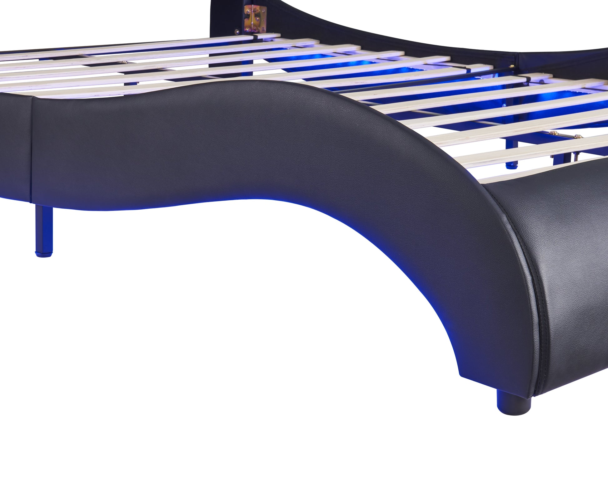 Queen Size Upholstered Faux Leather Platform Bed with LED Light Bed Frame with Slatted - Black - Korvel
