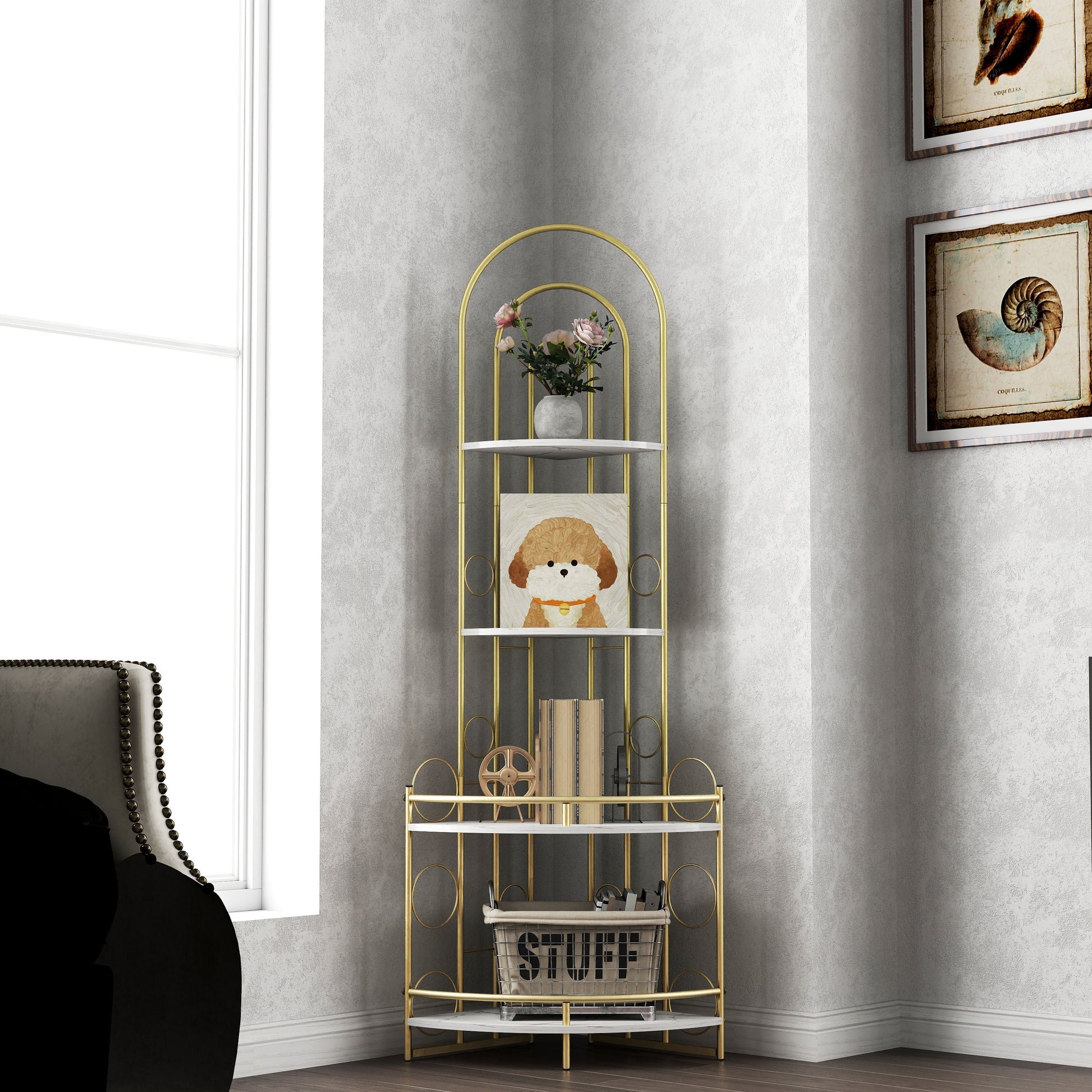 Gold 4-Tier Corner Bookshelf, Modern Style, Plant Stand with Metal Frame - Korvel