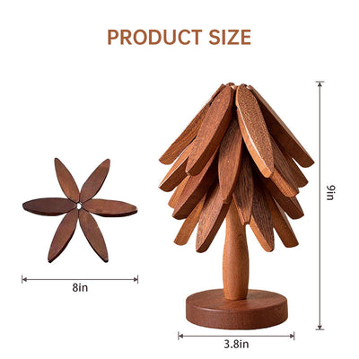 Tree-Shaped Wooden Trivet Set with Stand - 4 Pieces