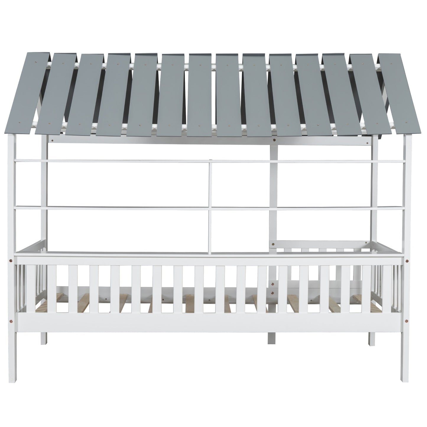 Wood Twin Size House Bed with Roof, Guardrail and Shelves, White - Korvel