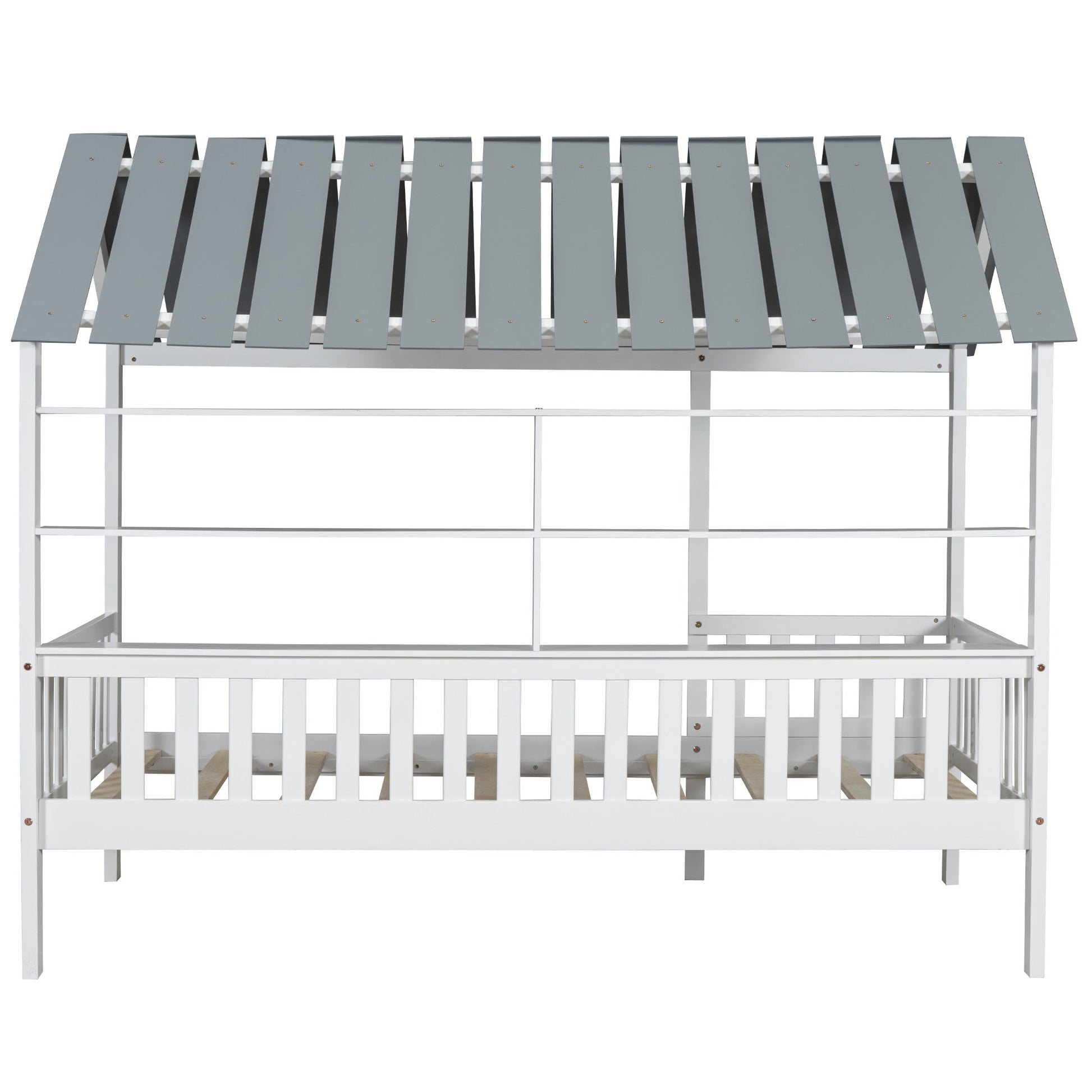 Wood Twin Size House Bed with Roof, Guardrail and Shelves, White - Korvel