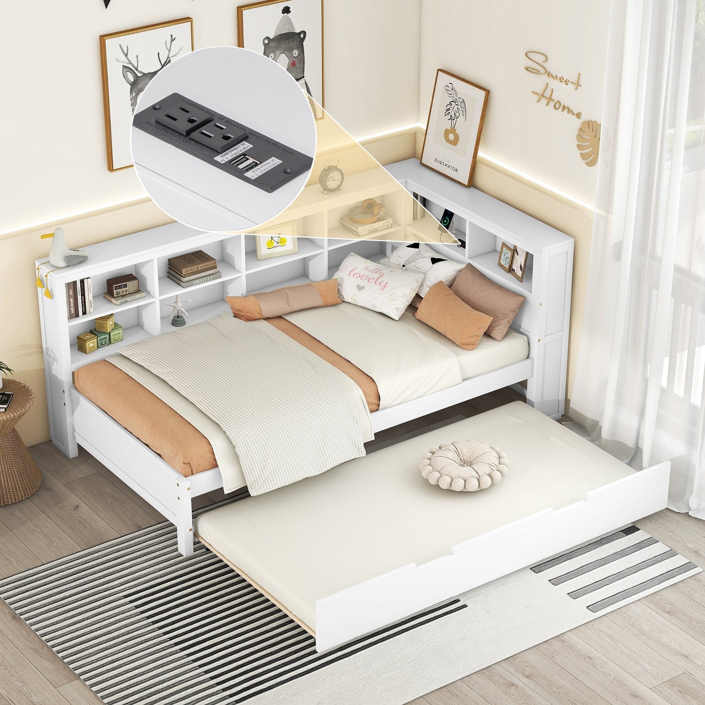 Wooden Twin Size DayBed with Twin Trundle, DayBed with Storage Shelf and USB Charging Ports,White - Korvel