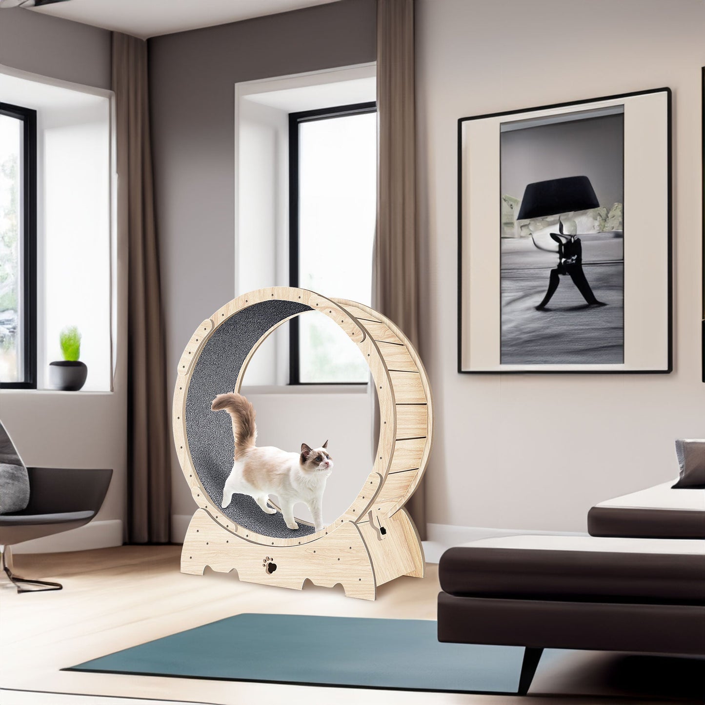 Cat Exercise Wheel for Indoor Cats, Cat Running Wheel with Carpeted Runway 37" Natural Wood Color - Korvel