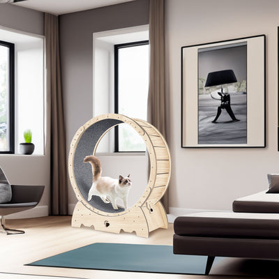 Cat Exercise Wheel for Indoor Cats, Cat Running Wheel with Carpeted Runway 37" Natural Wood Color - Korvel