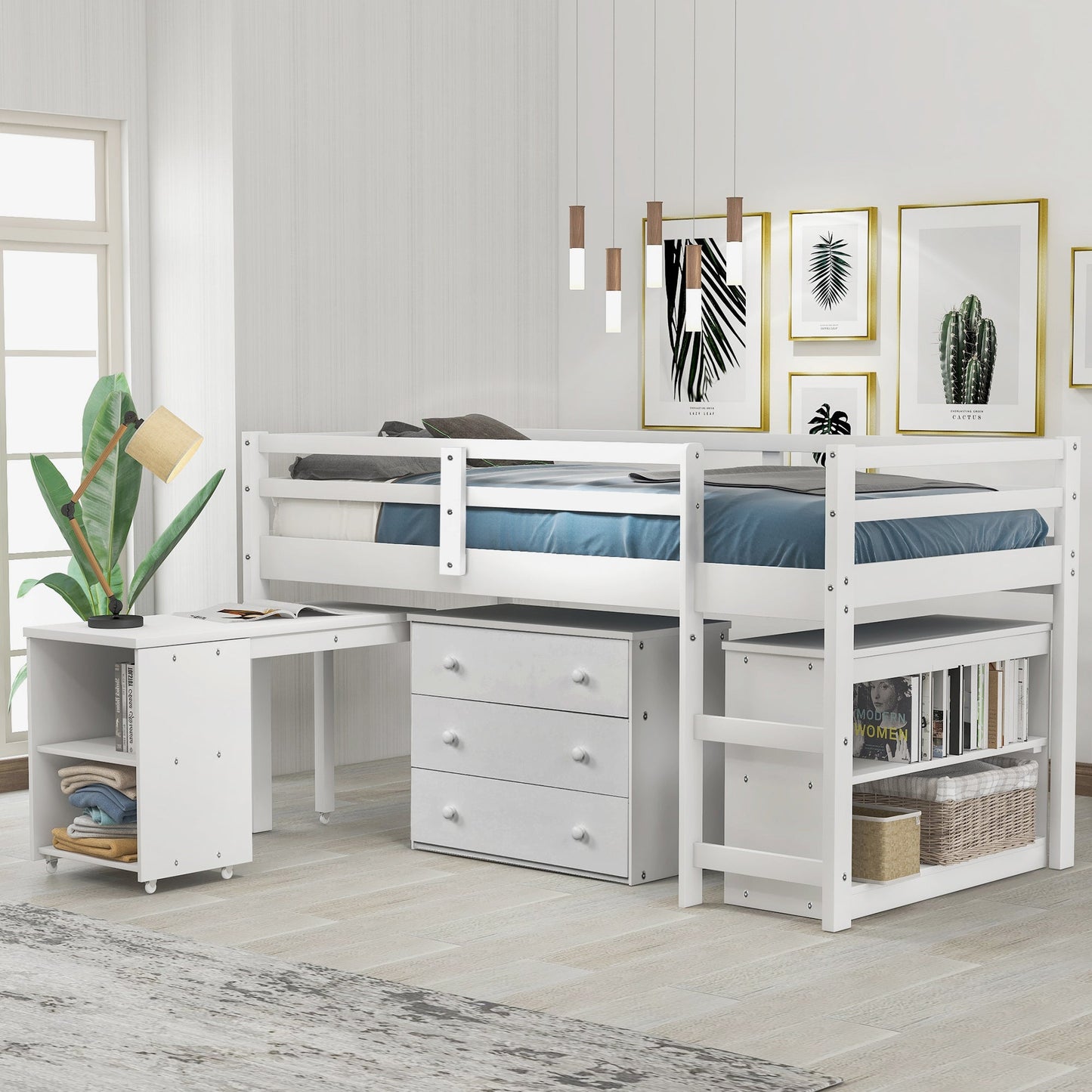 Low Study Twin Loft Bed with Cabinet and Rolling Portable Desk - White (OLD SKU :LP000113AAK) - Korvel