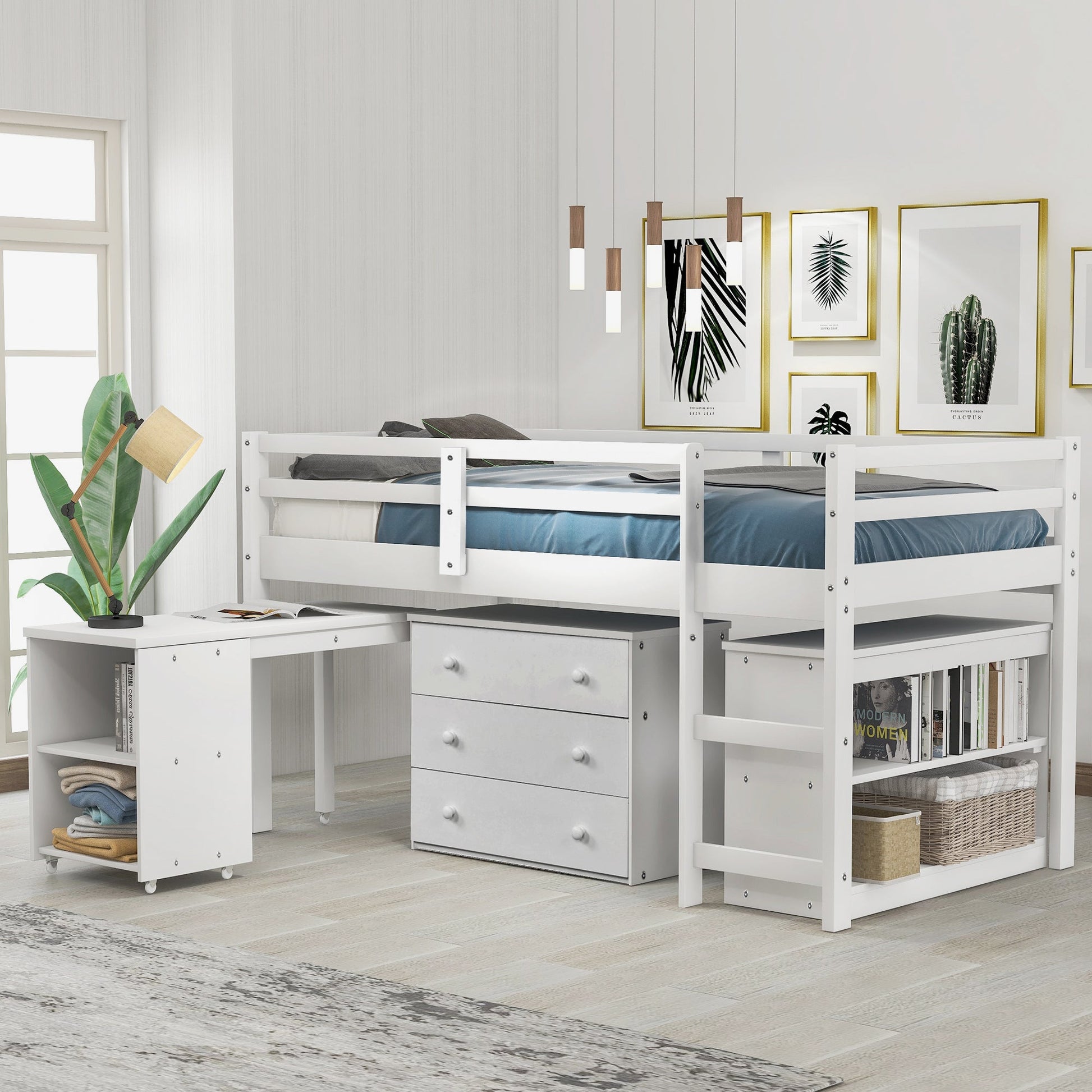 Low Study Twin Loft Bed with Cabinet and Rolling Portable Desk - White (OLD SKU :LP000113AAK) - Korvel