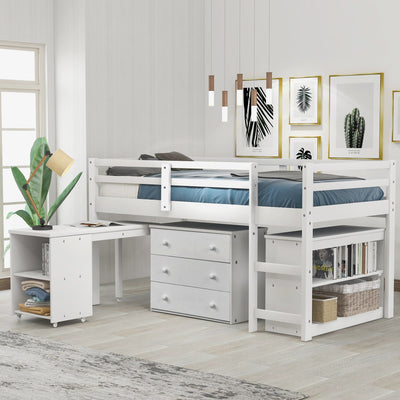 Low Study Twin Loft Bed with Cabinet and Rolling Portable Desk - White (OLD SKU :LP000113AAK) - Korvel