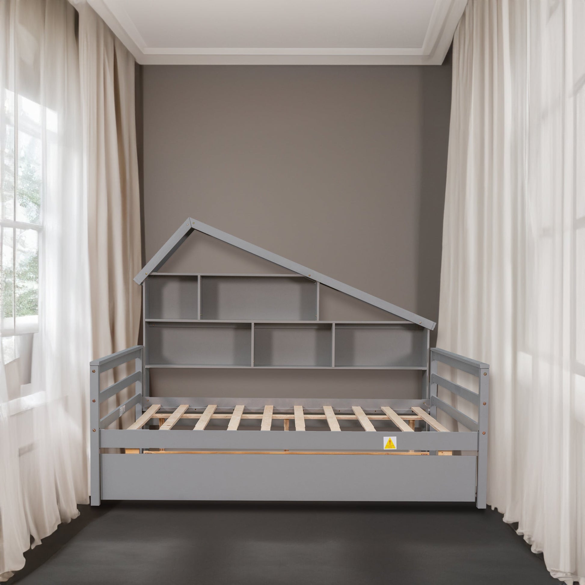 Full Size Platform Bed with Trundle and Shelves Gray - Korvel