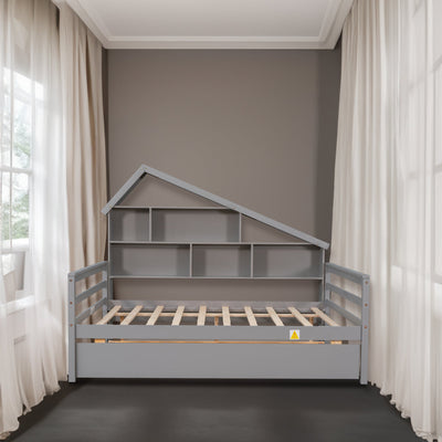 Full Size Platform Bed with Trundle and Shelves Gray - Korvel