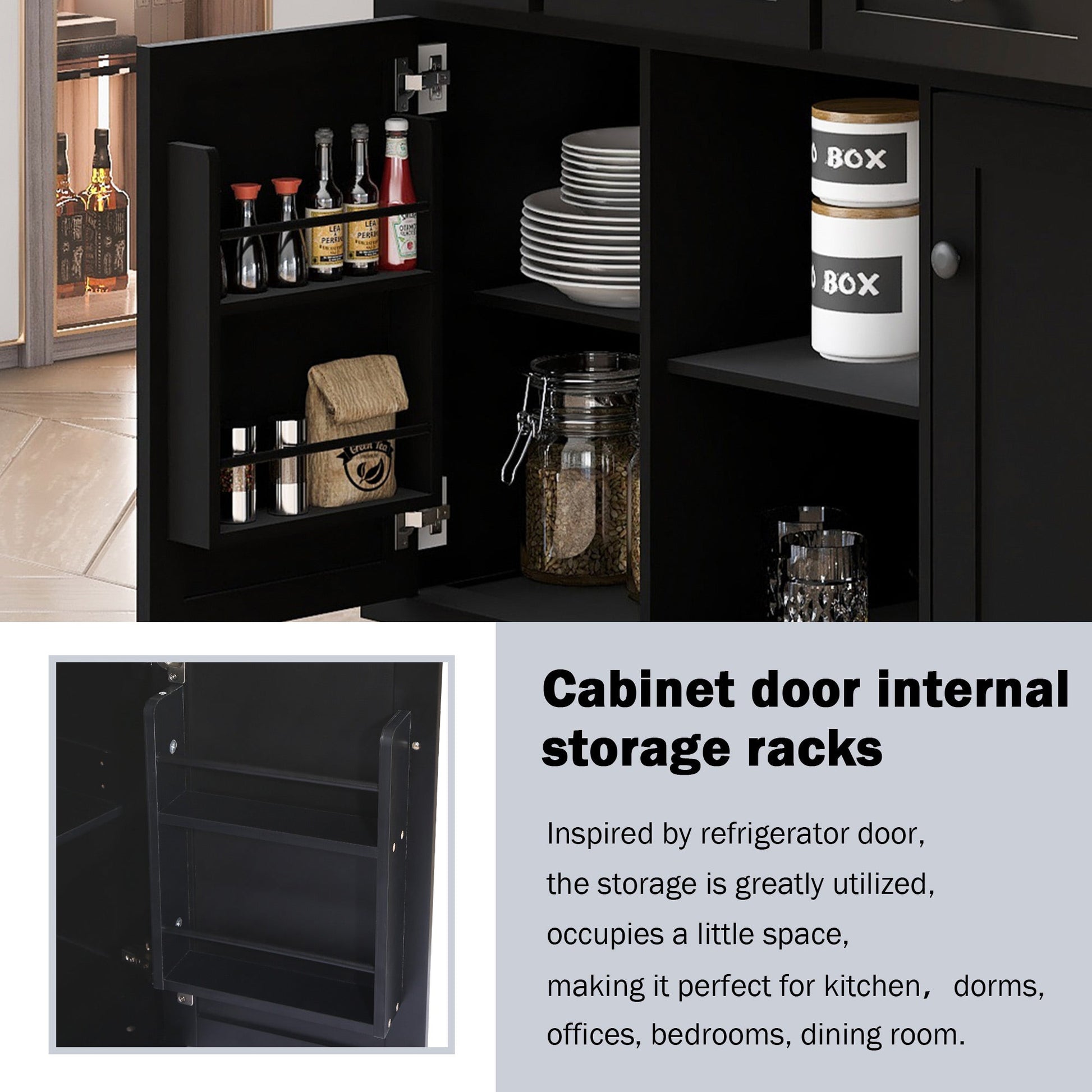 Kitchen trolley with rubber wood leaf countertop, 5-wheel kitchen island, storage cabinet and 3 dining drawers, black - Korvel