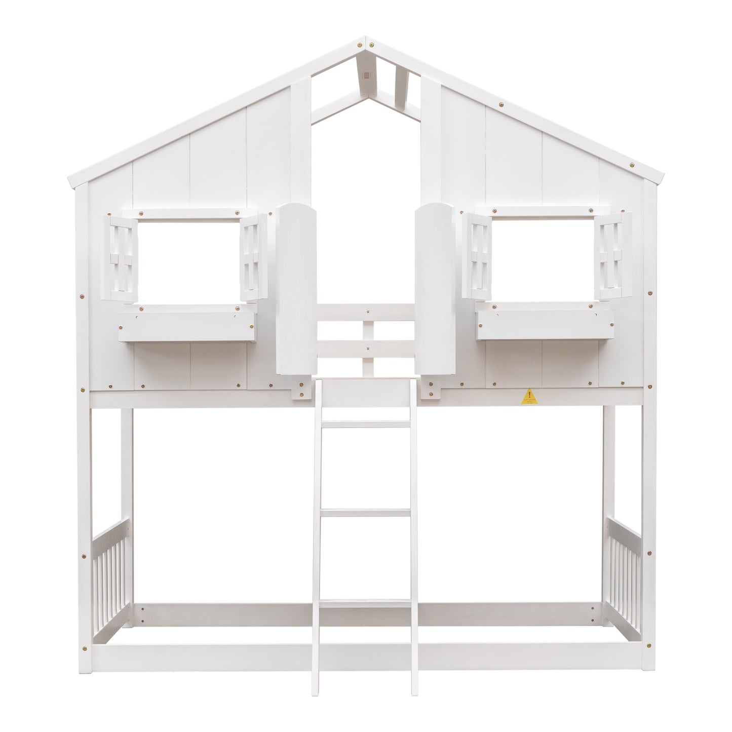 Twin over Twin House Bunk Bed with Roof , Window, Window Box, Door , with Safety Guardrails and Ladder,White - Korvel