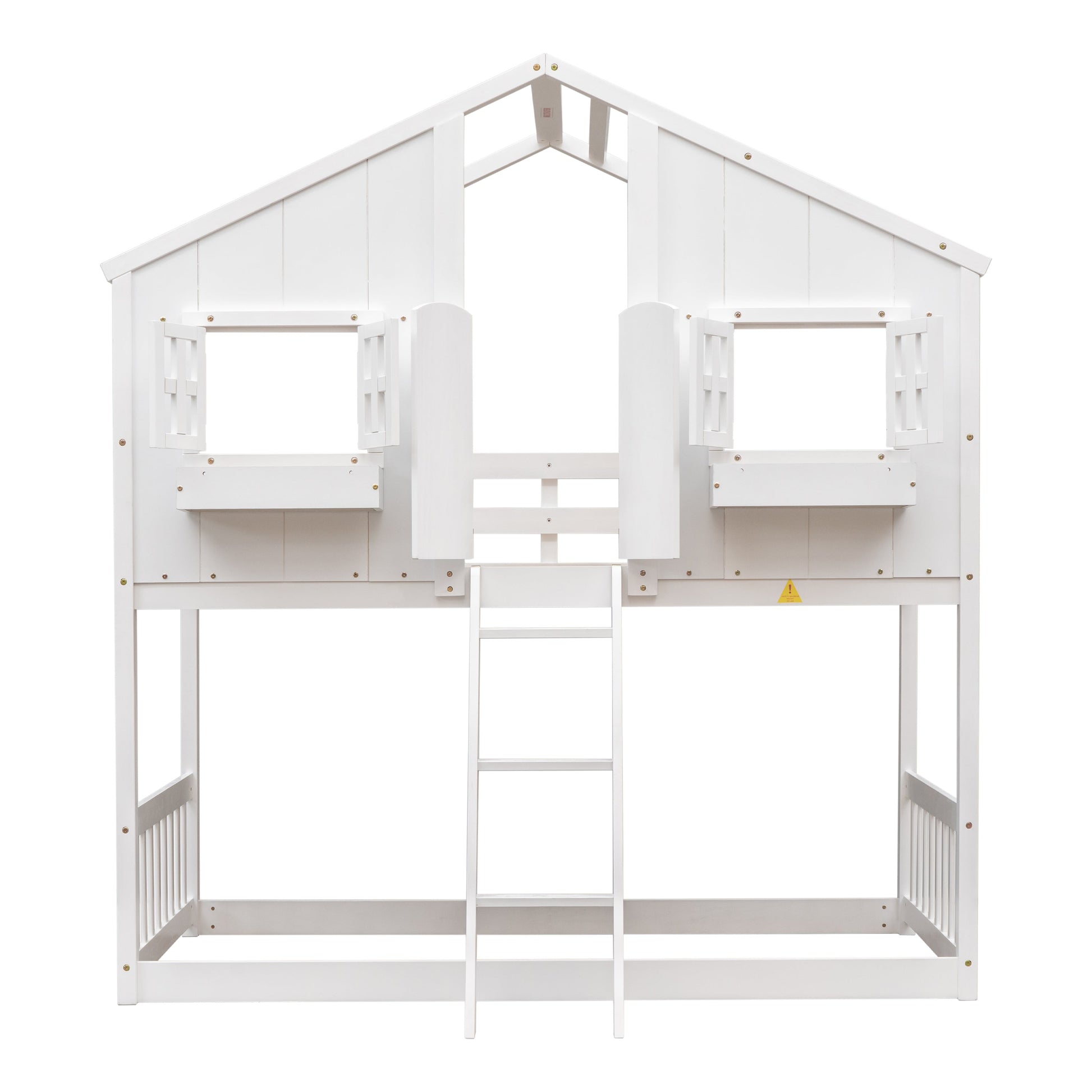 Twin over Twin House Bunk Bed with Roof , Window, Window Box, Door , with Safety Guardrails and Ladder,White - Korvel