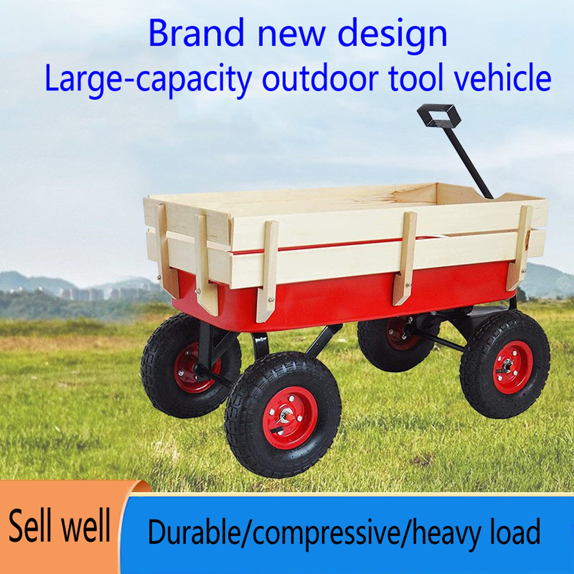 Outdoor Wagon All Terrain Pulling w/Wood Railing Air Tires Children Kid Garden（Red） - Korvel