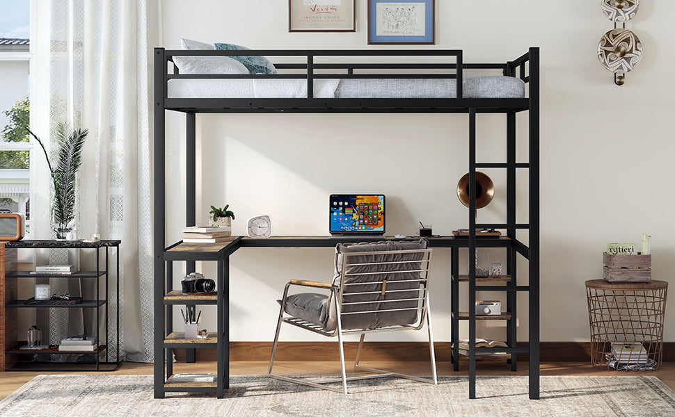 Full metal loft bed with desk and shelf, loft bed with ladder and guardrail, bedroom loft bed frame, black - Korvel