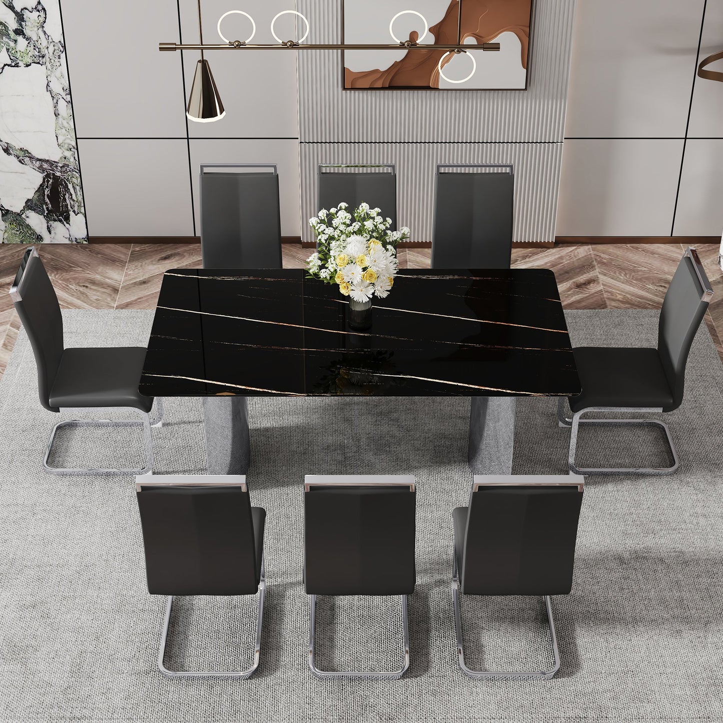 Modern minimalist dining table The black imitation marble glass desktop is equipped with silver metal legs - Korvel