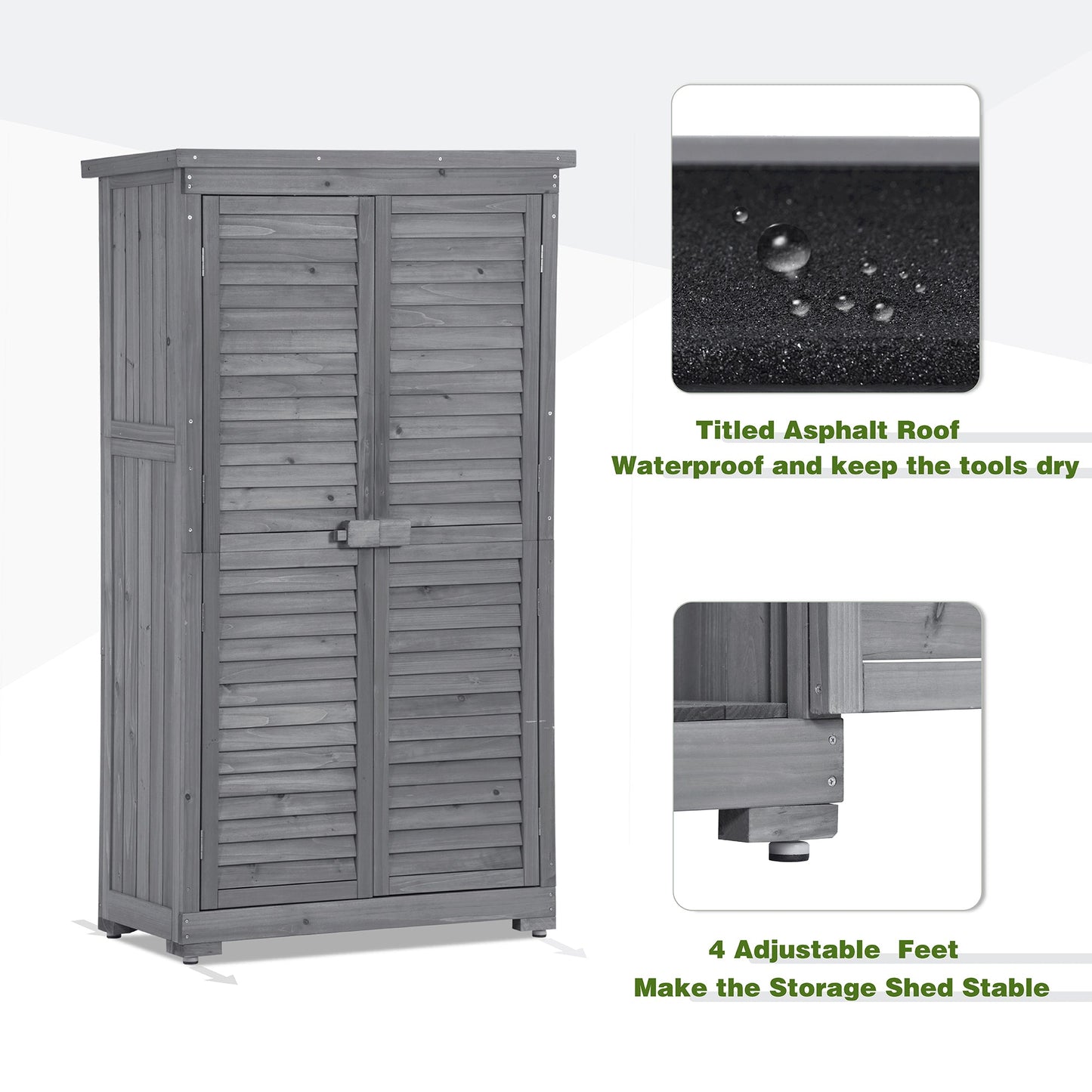 Wooden Garden Shed 3-tier Patio Storage Cabinet Outdoor Organizer Wooden Lockers with Fir Wood (Gray Wood Color -Shutter Design) - Korvel
