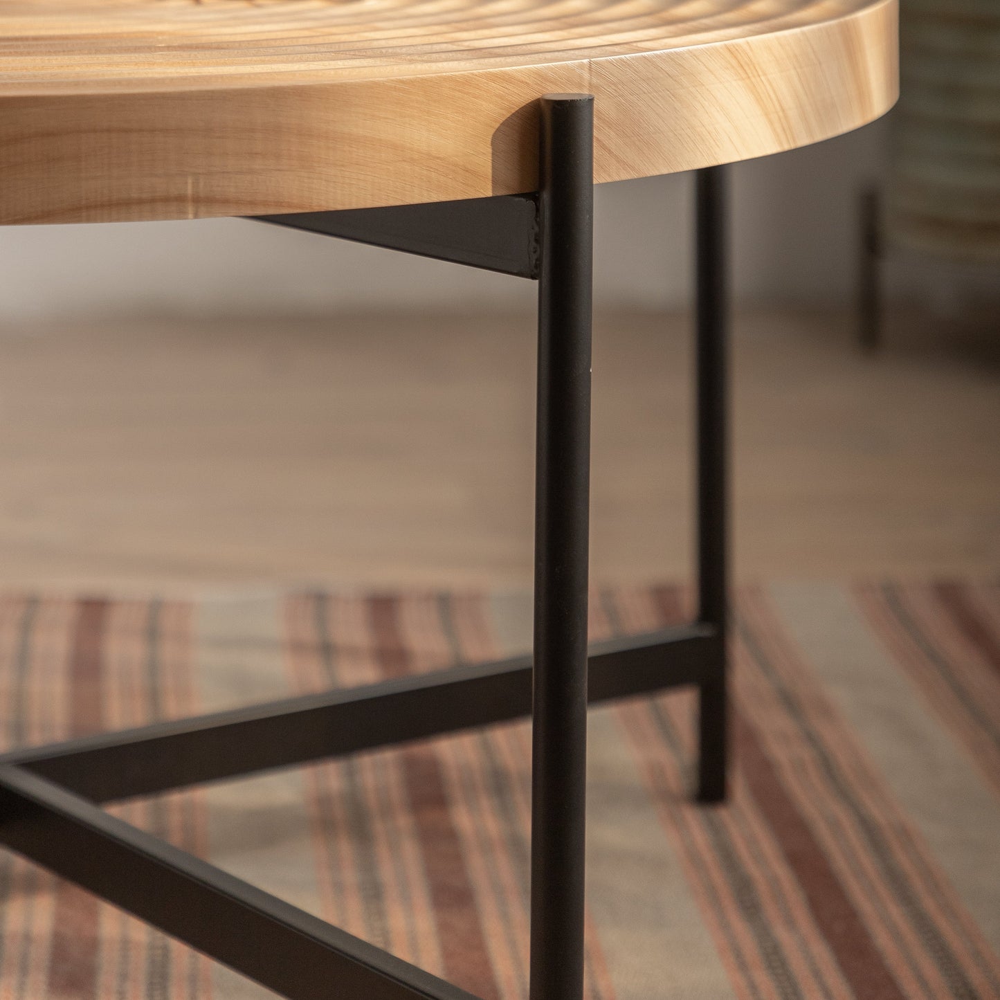 33"Modern Thread Design Round Coffee Table MDF Table Top with Cross Legs Metal Base - Korvel