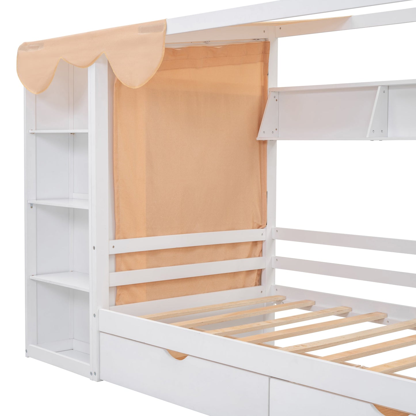 Twin Size House Bed with Two Drawers and Wardrobe - White