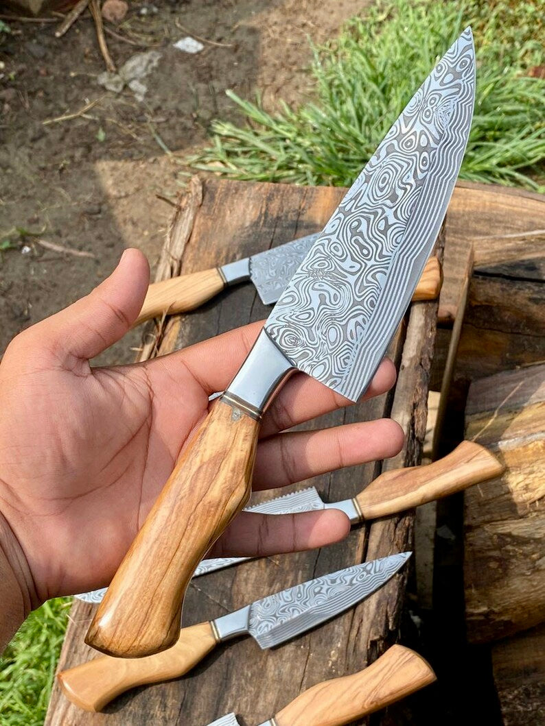 Premium Damascus Steel Kitchen Knife Set – 13" Blade with Olivewood Handle & Leather Sheath - Korvel