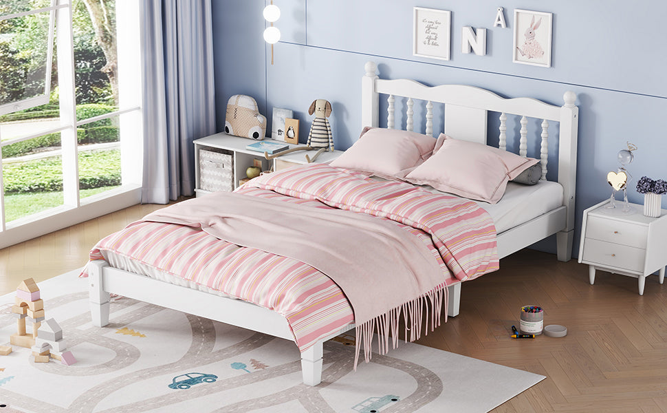 Twin Bed with Column-Decoration Headboard, with Bed Slats,White - Korvel