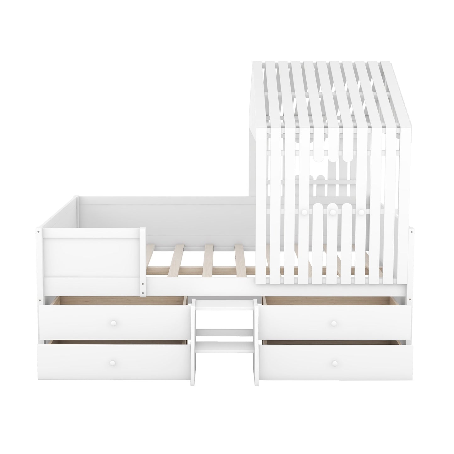 Full Size House Low Loft Bed with Four Drawers,White - Korvel