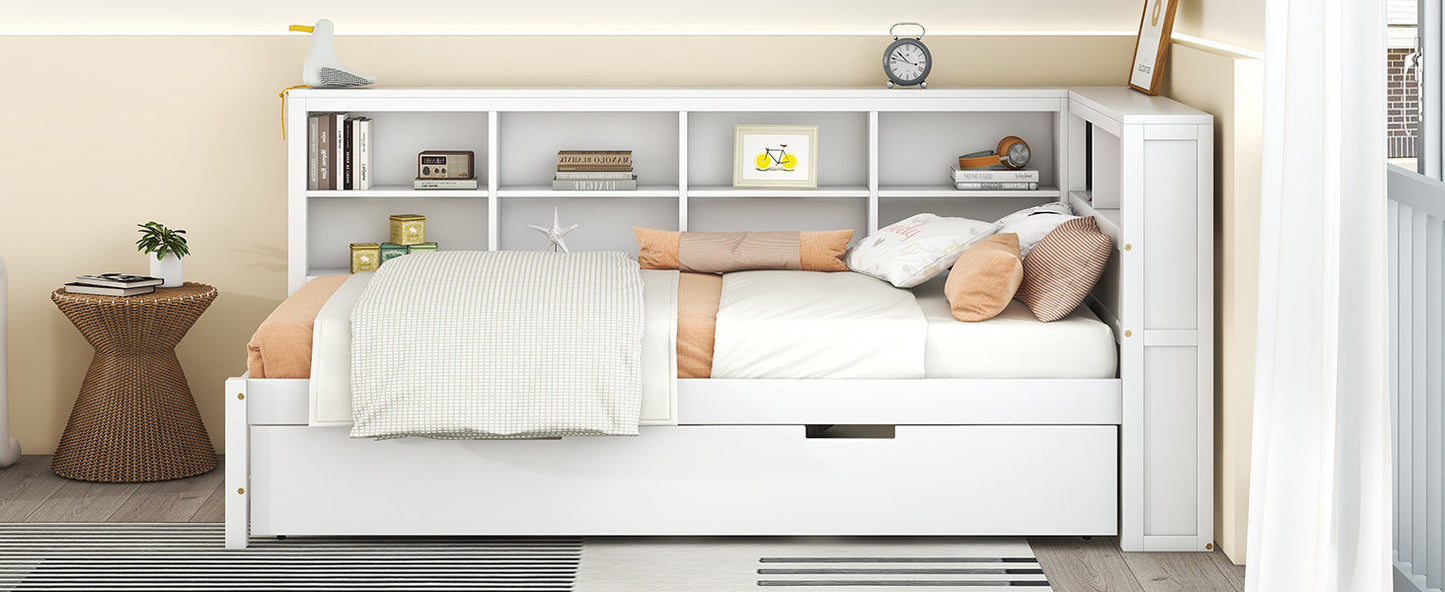 Wooden Twin Size DayBed with Twin Trundle, DayBed with Storage Shelf and USB Charging Ports,White - Korvel
