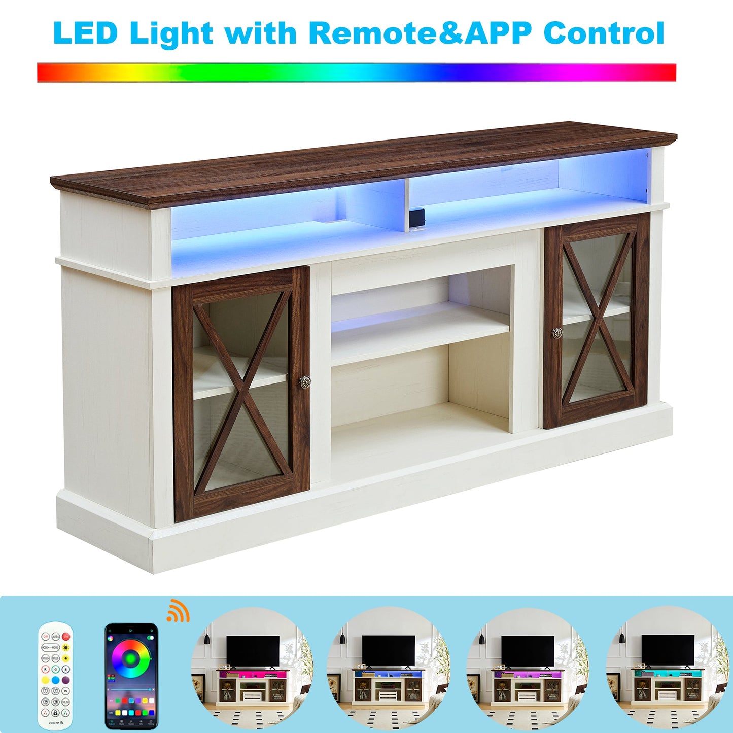 LED Farmhouse Style TV Stand for 65/70/75 inch TV with Outlet, Tall Body Media Entertainment Center Console - Korvel