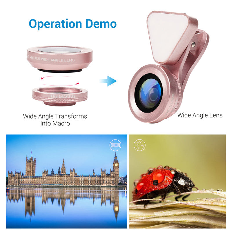 3 in 1 Phone Lens, LED Flish Light Lens For iphone SE X 8 7 6 6S Fish Eye Lens 0.4-0.6X Wide Angle+10X Macro Clip-on Lens - Korvel
