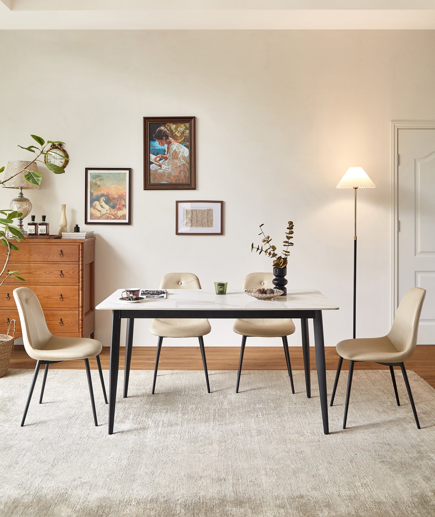 A set of 2 high back dining chairs with PU artificial leather soft cushions and metal legs, decorated with large soft cushions - Korvel