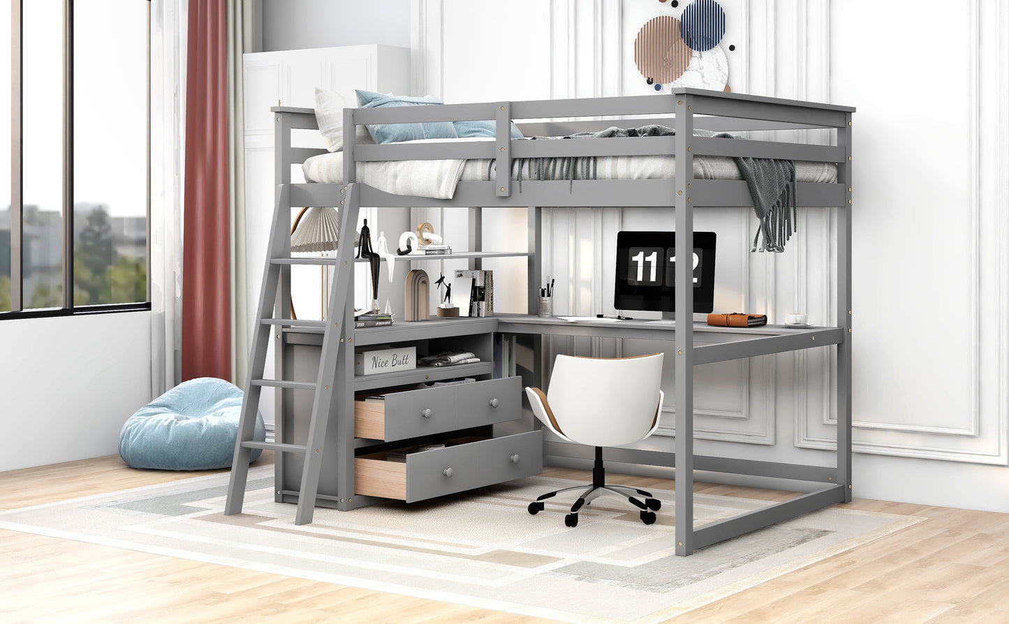 Full Size Loft Bed with Desk and Shelves - Gray