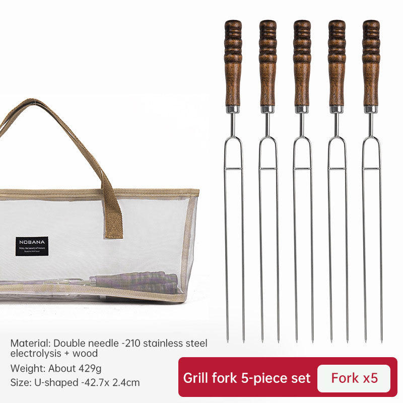 Outdoor Grill Grill Fork Wood Handle U Type Grill Pin Stainless Steel Grill Stick Wood Handle U Type Roast Pin Picnic Grill Meat - Korvel