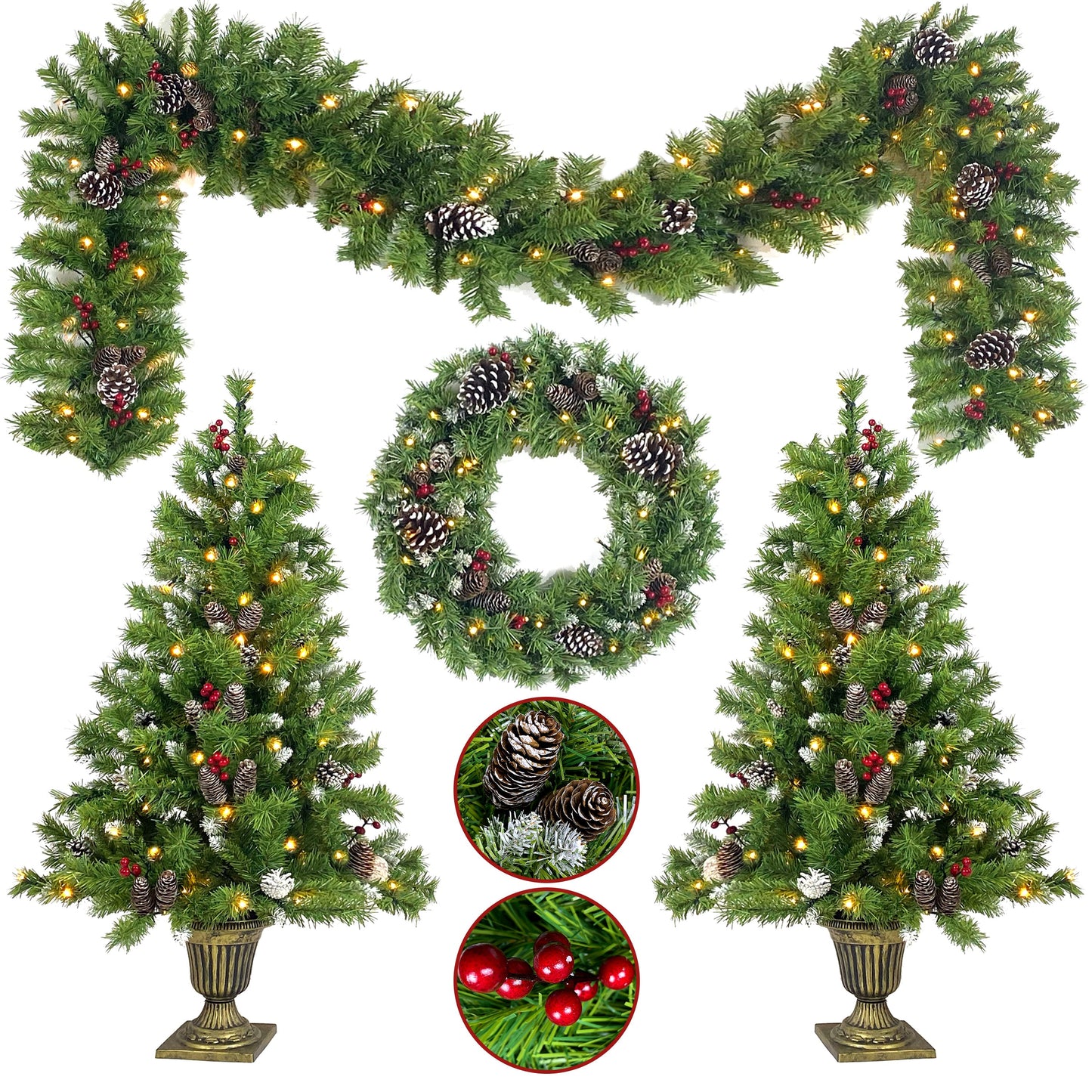 Christmas Tree Artificial Christmas 4-piece Set, including flower wreath, flower wreath, and 2 entrance trees, with LED lights - Korvel