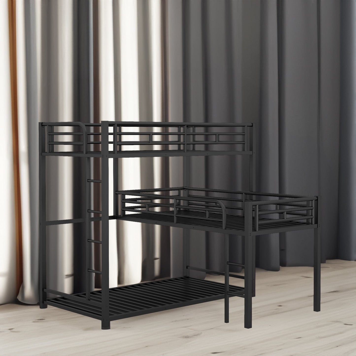 L-shaped Metal Triple Twin Size Bunk Bed, Black - Korvel